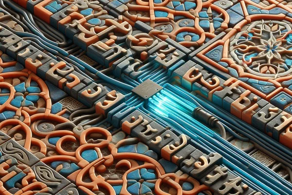 Complex zellige mosaic with Arabic calligraphy and Spanish letters intertwined, symbolizing Jbala-Andalusian linguistic heritage meeting artificial intelligence.