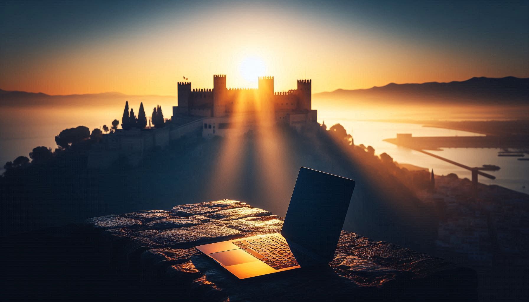Sunrise at Malaga&rsquo;s Alcazaba with laptop silhouette