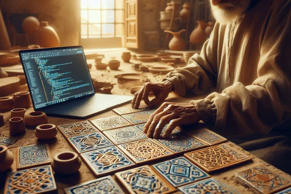 Weathered hands of a Moroccan artisan carefully placing a cobalt-blue geometric zellige tile, with a softly glowing laptop screen visible in the background through an arched window.