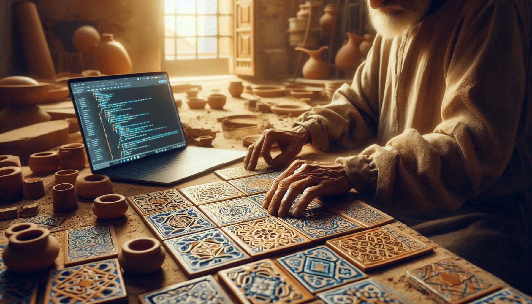 Weathered hands of a Moroccan artisan carefully placing a cobalt-blue geometric zellige tile, with a softly glowing laptop screen visible in the background through an arched window.