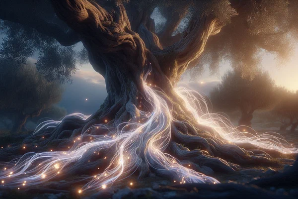 Ancient olive tree with data streams flowing through roots and branches at twilight, symbolizing fusion of nature and ethical technology
