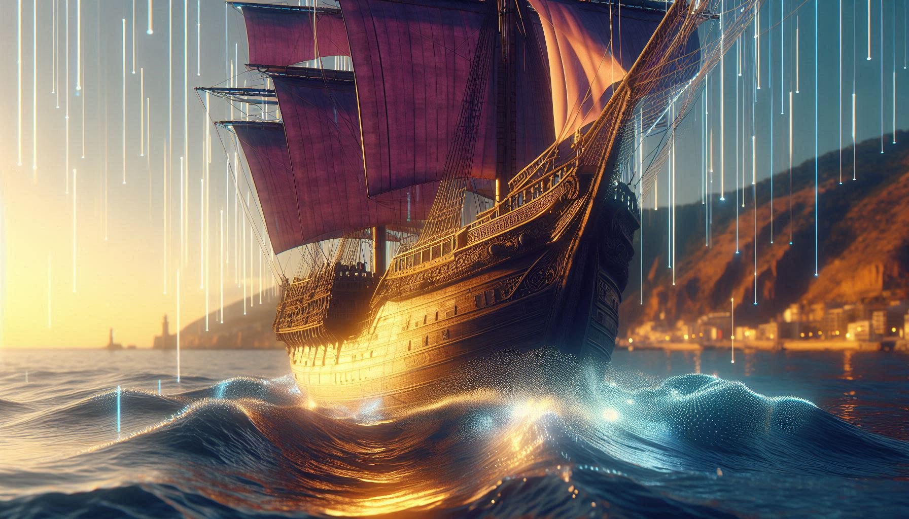 Phoenician ship sailing on digital blockchain nodes, fusing ancient Mediterranean trade routes with modern decentralized technology