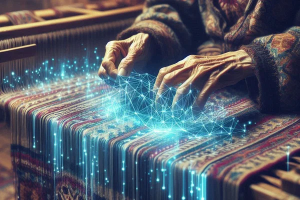 Hands of Amazigh woman weaving complex symbolic pattern on traditional loom with glowing digital data streams emerging from threads