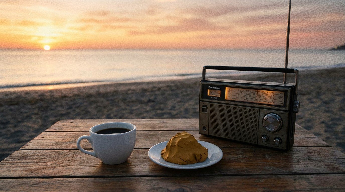 Table at El Caleño at sunrise with a coffee cup, clay on a saucer, and an old Panasonic shortwave radio glowing amber, the Mediterranean sea in the background.