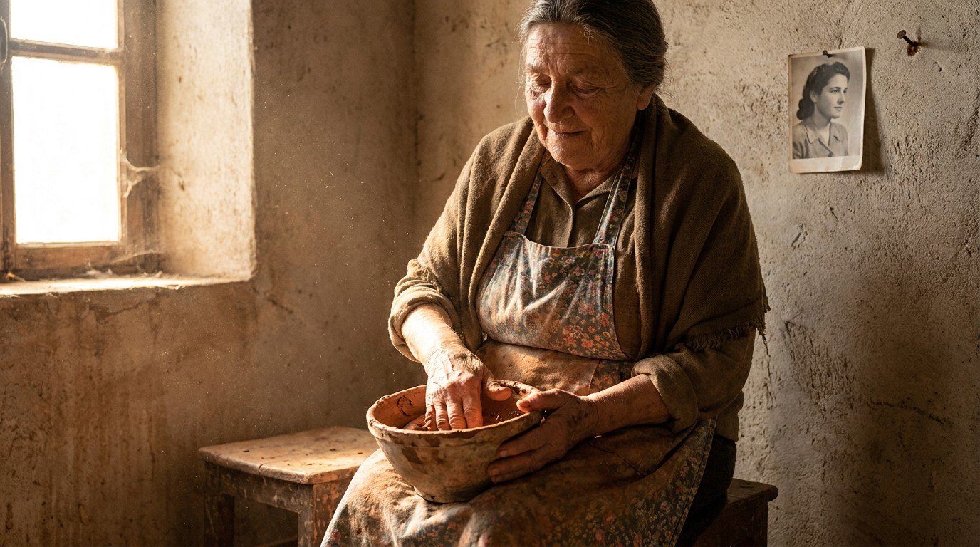 Elderly Andalusian woman singing softly to herself in a humble sunlit room, holding a bowl of raw clay, a faded photograph of her mother pinned to the wall behind her.