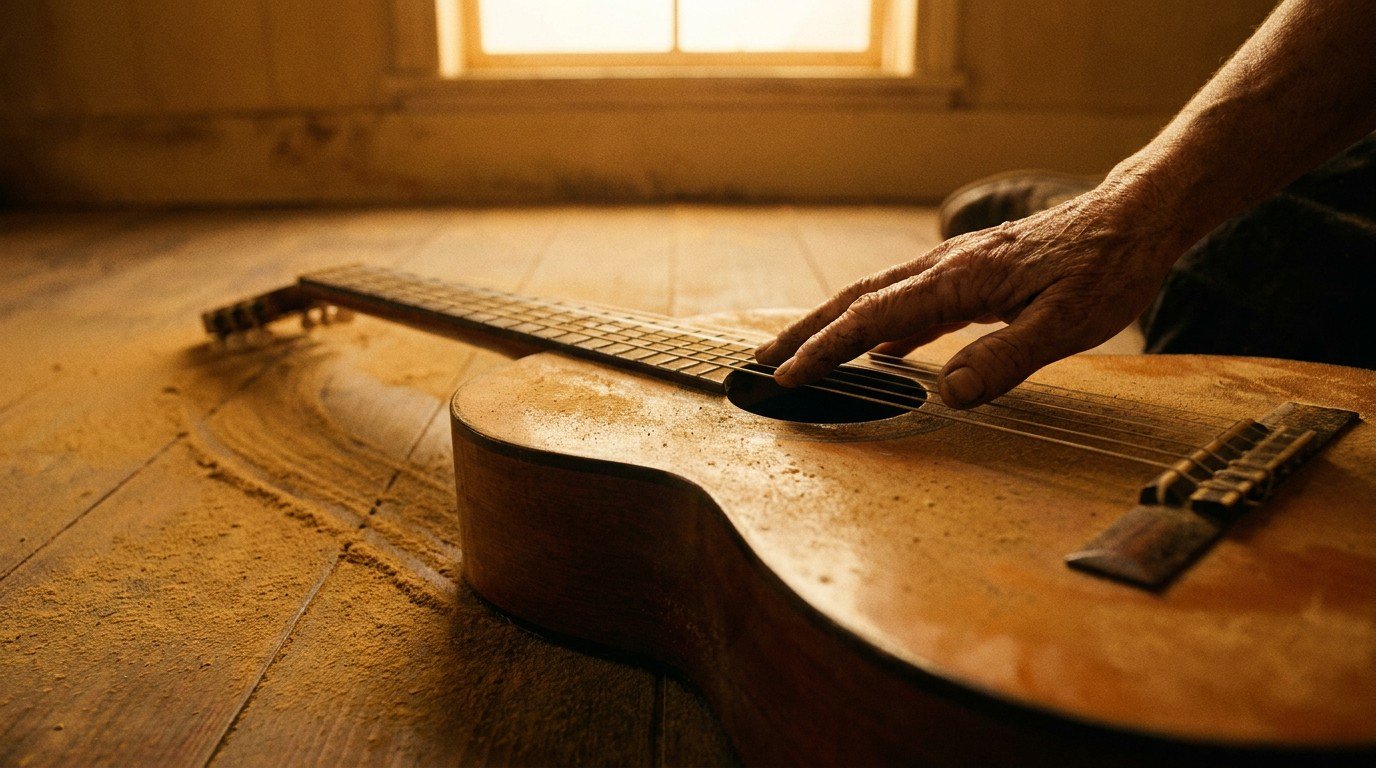 Close-up of a Spanish guitar lying on a dusty wooden floor, a weathered hand resting on the strings without pressing them, a trail of golden dust leading away.