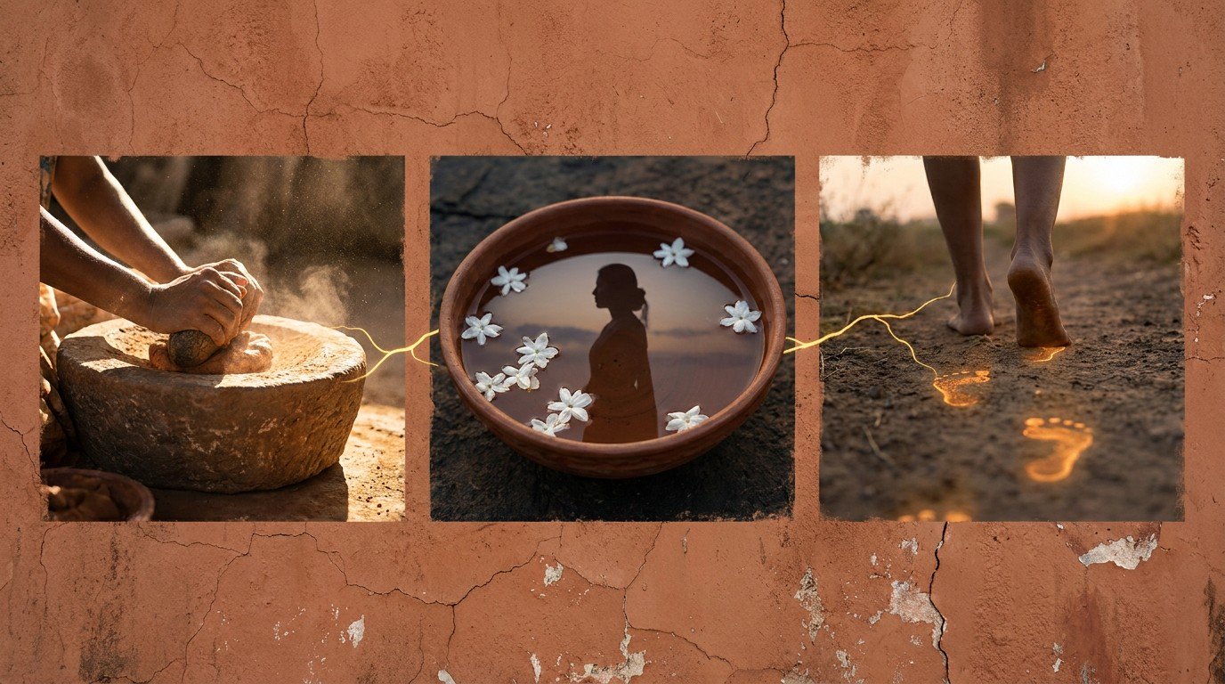 Triptych on a cracked terracotta wall: hands grinding clay under noon sun, a bowl of water with jasmine at dusk, and bare feet leaving glowing clay footprints on a path at dawn.