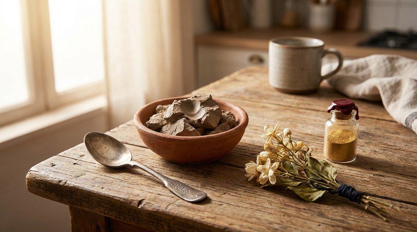 Four objects on a wooden table: terracotta bowl of ghassoul clay with thumbprint, silver spoon with Arabic script, dried jasmine tied with thread, glass bottle of golden dust.
