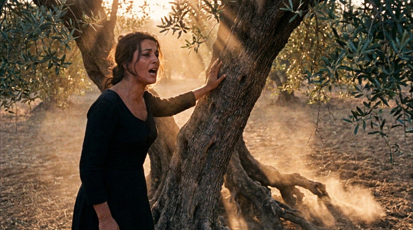 A stunning Andalusian cantaora stands beside an ancient wild olive tree at dawn, singing passionately, one hand on the rough bark. The tree's roots burst from the earth and strike the ground like drumsticks, kicking up golden dust.