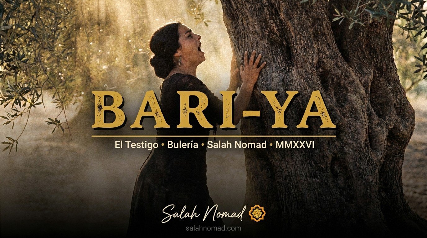 A stunning Andalusian cantaora stands beside an ancient wild olive tree at dawn, singing passionately as its roots strike the earth like drumsticks. The title BARI-YA appears in vintage typography.