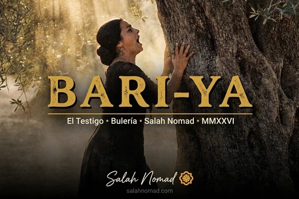 A stunning Andalusian cantaora stands beside an ancient wild olive tree at dawn, singing passionately as its roots strike the earth like drumsticks. The title BARI-YA appears in vintage typography.