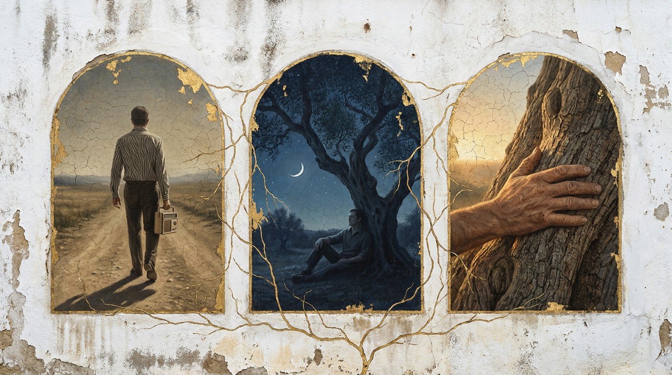 A fresco on a whitewashed Andalusian wall showing three scenes: a nomad leaving with a radio, a Morisco sitting under an olive tree at night, a woman placing her hand on a tree trunk at dawn. Golden roots connect the three panels.