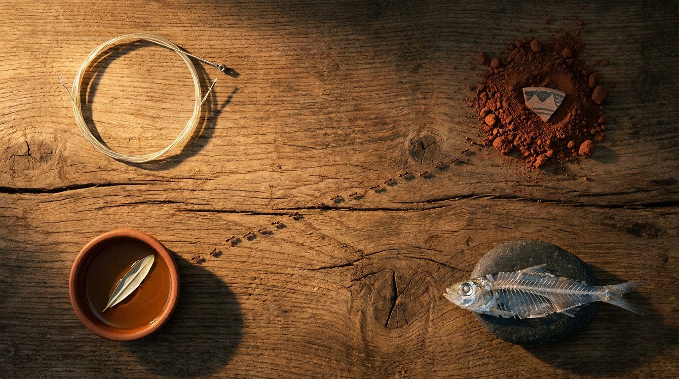 Four objects on a rustic wooden table at dawn: a broken guitar string, a handful of dry red earth with a pottery shard, a small clay dish with olive oil and a floating leaf, a delicate sardine skeleton on a dark stone.