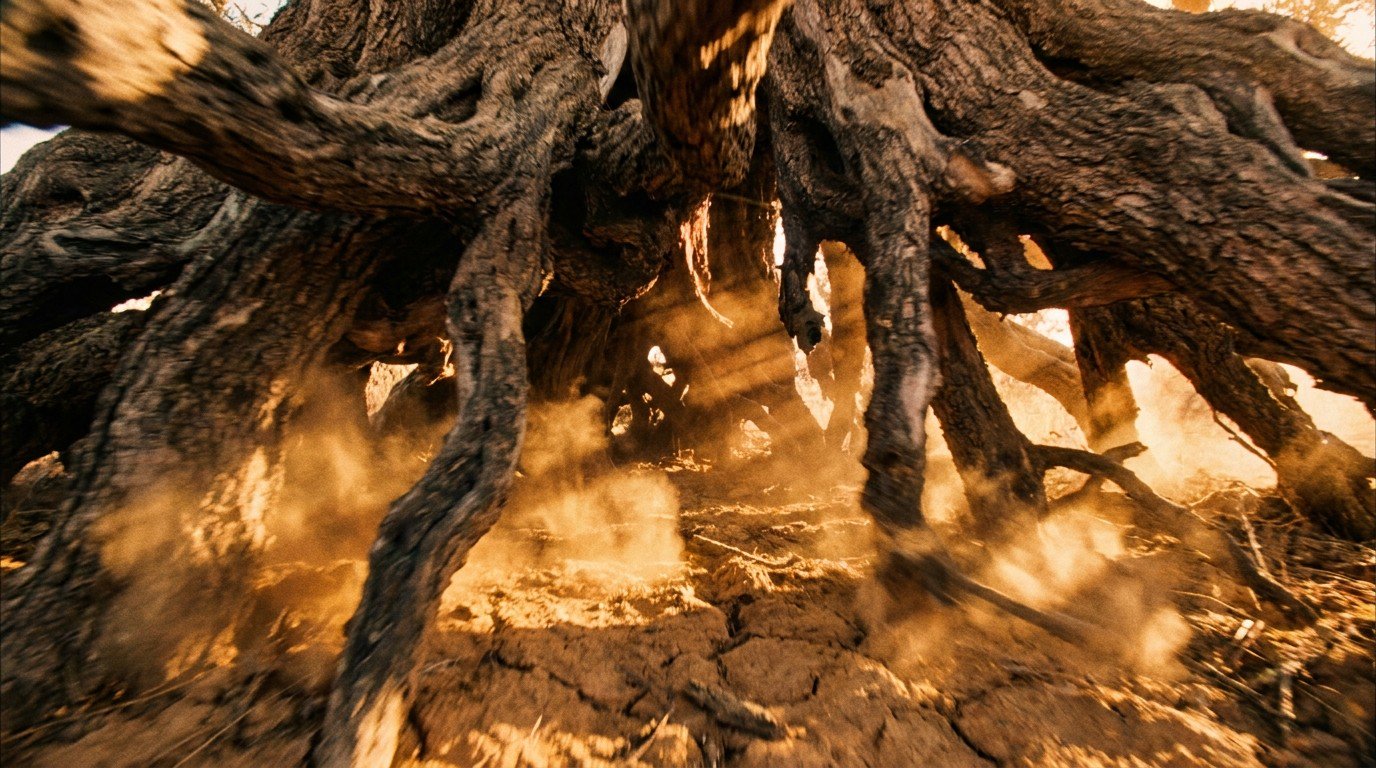 A view from beneath an ancient olive tree at dawn, its twisted roots striking the dry Andalusian earth like drumsticks, golden dust suspended in the air, the first coral light of sunrise strobing through the leaves.