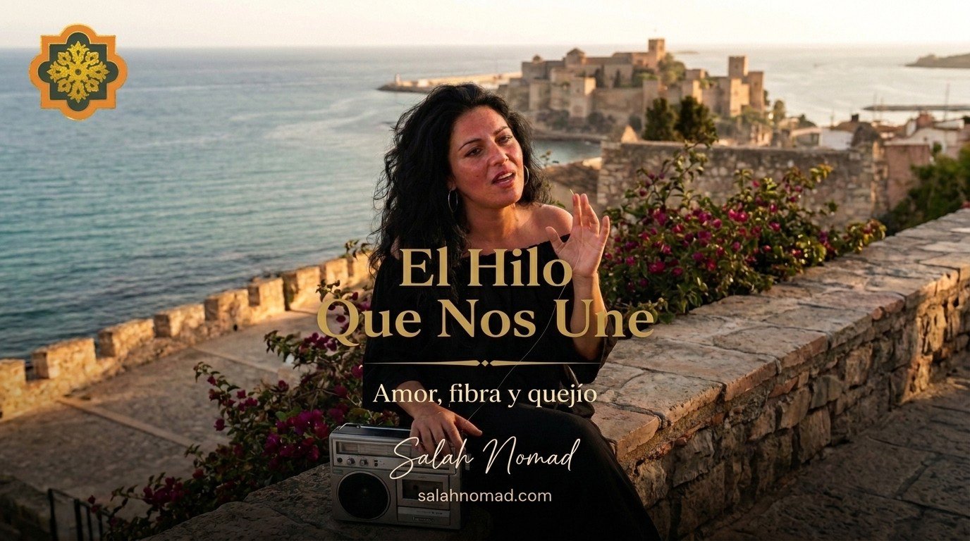 Cantaora flamenca gitana en una terraza andaluza al atardecer. A su lado, una radio Panasonic R-441B y un hilo de fibra óptica dorado entre sus dedos. Al fondo, el mar Mediterráneo y la Alcazaba de Málaga.