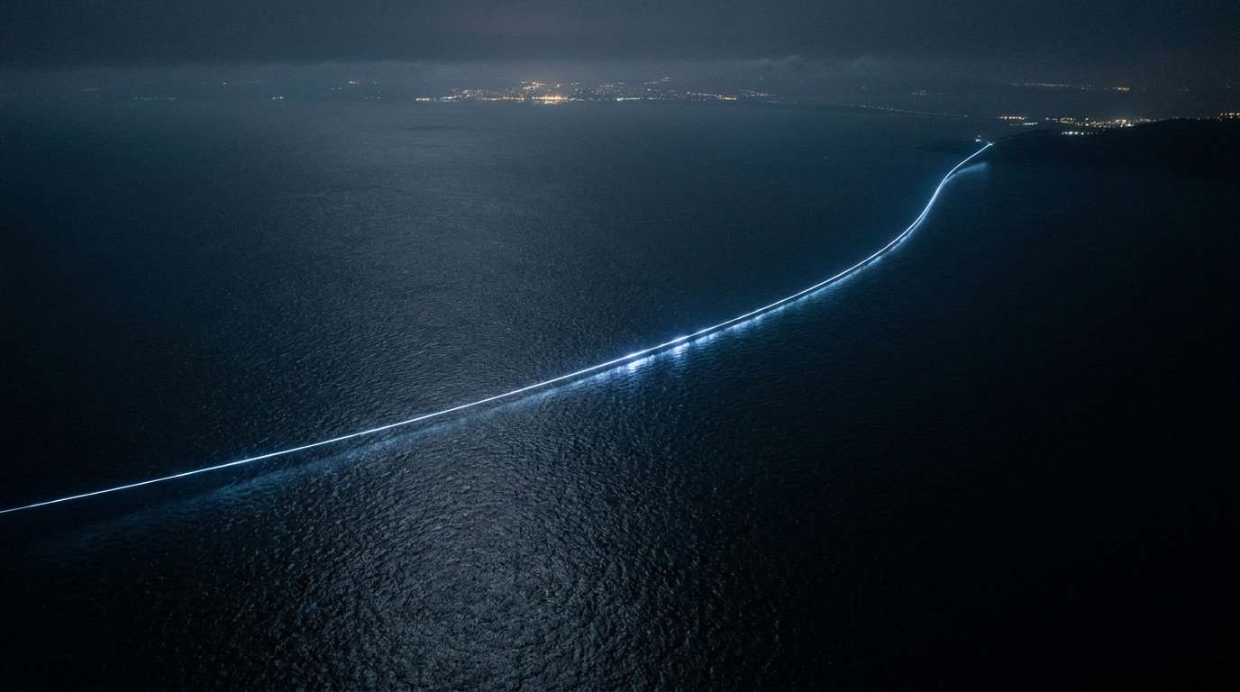 The Strait of Gibraltar at night from above. A single glowing fiber-optic thread stretches between two shores. The lights of Tangier and Tarifa shimmer in the distance.