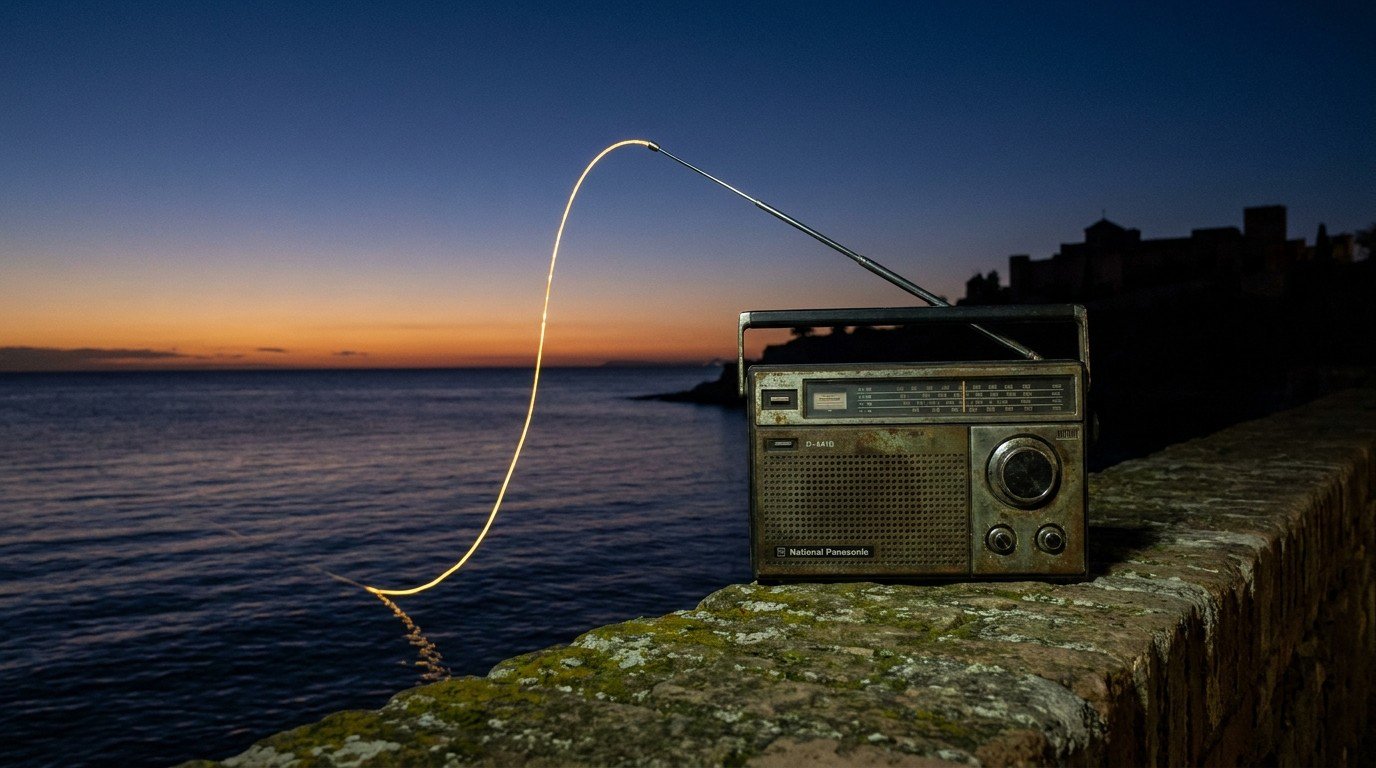 A vintage Panasonic R-441B radio on a stone wall at twilight, a golden fiber-optic thread descending from its antenna into the Mediterranean. The Alcazaba of Málaga fades into the distance.