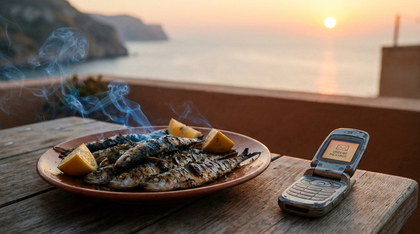 Grilled sardines steaming on a wooden table at golden hour, an old mobile phone glowing beside them with an unread message. The sea blurs into the background.