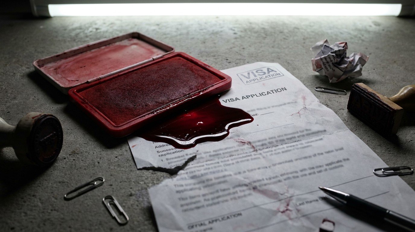 A toppled red ink pad spills across a torn visa document under harsh light. The ink glistens like blood. Bureaucratic violence made visible.