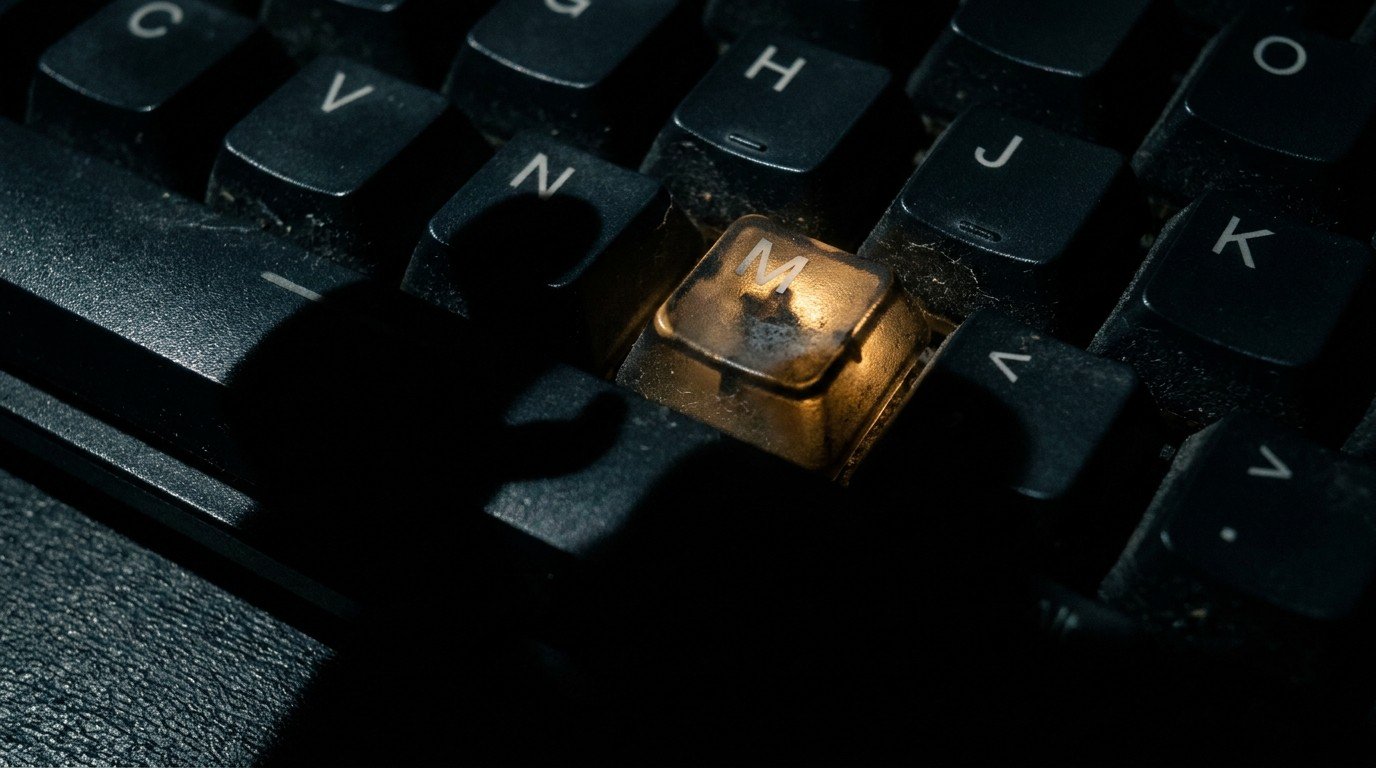 Extreme close-up of a worn keyboard in deep shadow. A single key glows golden. The shadow of a hand stretches across the keys, but the hand itself remains unseen.