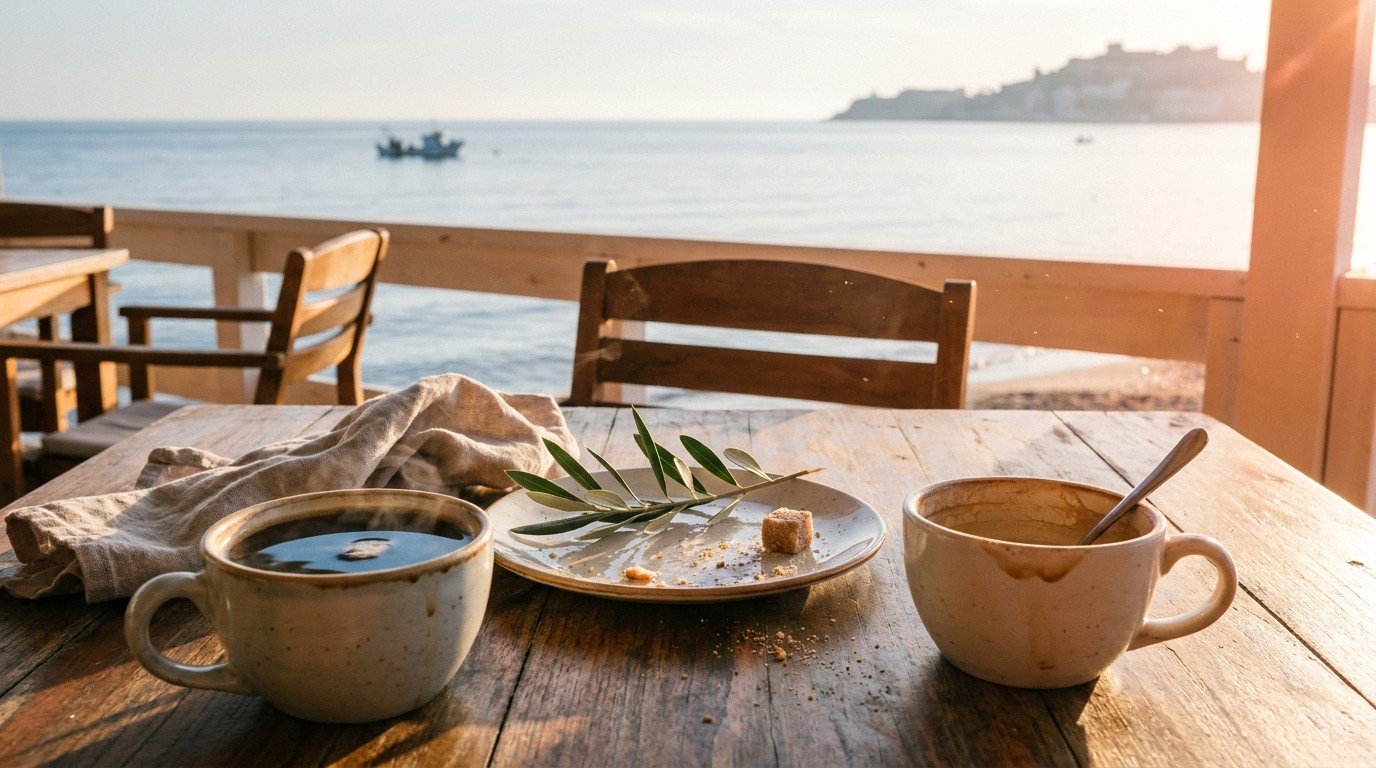 El Caleño beach restaurant at 7am, a table set with two coffee cups and an olive branch across a plate, morning light golden and horizontal, the Mediterranean calm and silver-pink.