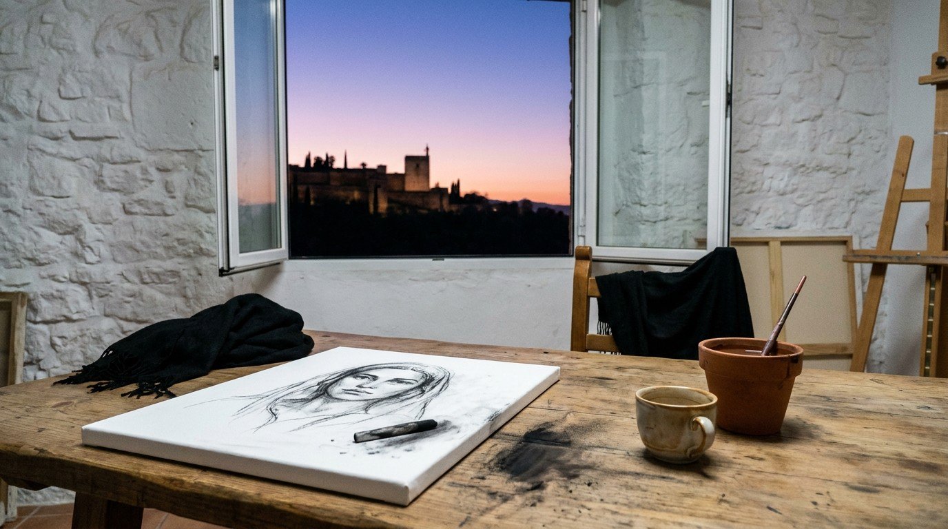A hyper-realistic photograph of an artist's studio in Málaga at dawn. On a wooden table, a canvas with a charcoal sketch of a woman's face, a coffee cup, a black shawl on a chair. Through the window, the Alcazaba against a rose-gold sky.