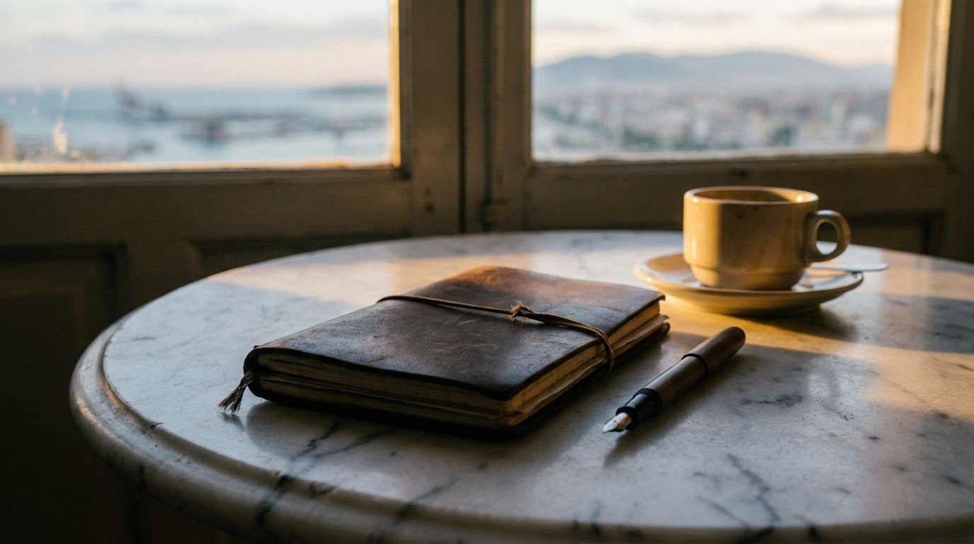 Close-up on a marble café table with a worn leather notebook closed with an elastic band, a fountain pen beside it, golden dawn light casting a sharp rectangle across the scene.