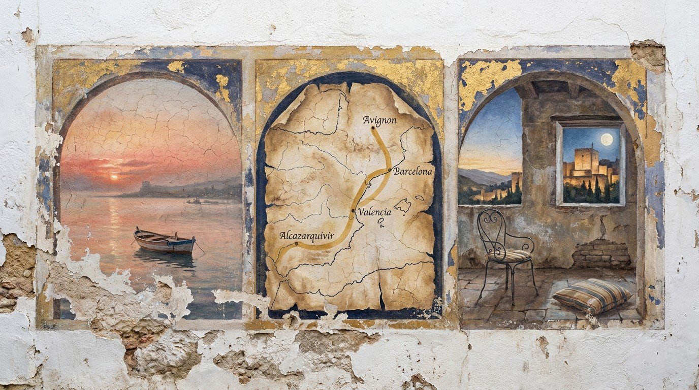 A weathered whitewashed Andalusian wall painted with a fresco of three arches: a bay at dawn, an antique map with cities connected by gold, and a terrace with a zebra-striped cushion under the Alcazaba.
