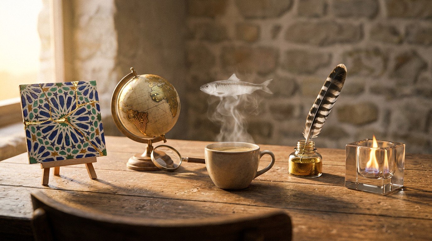 Slightly angled view of a wooden table at dawn with five objects arranged in an arc: a gold-repaired zellige tile, a globe with circuit board oceans, a steaming cup forming a sardine silhouette in steam, a black-and-white feather in gold ink, and a glass cube with a tiny flame.
