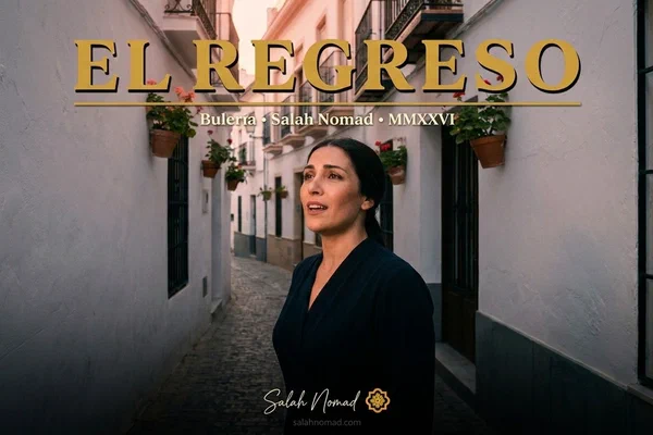 The official short film poster for El Regreso — the Andalusian cantaora at dawn in Málaga, with the title and credits in vintage typography.