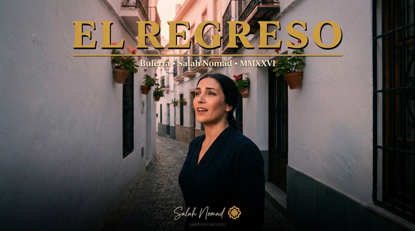 The official short film poster for El Regreso — the Andalusian cantaora at dawn in Málaga, with the title and credits in vintage typography.