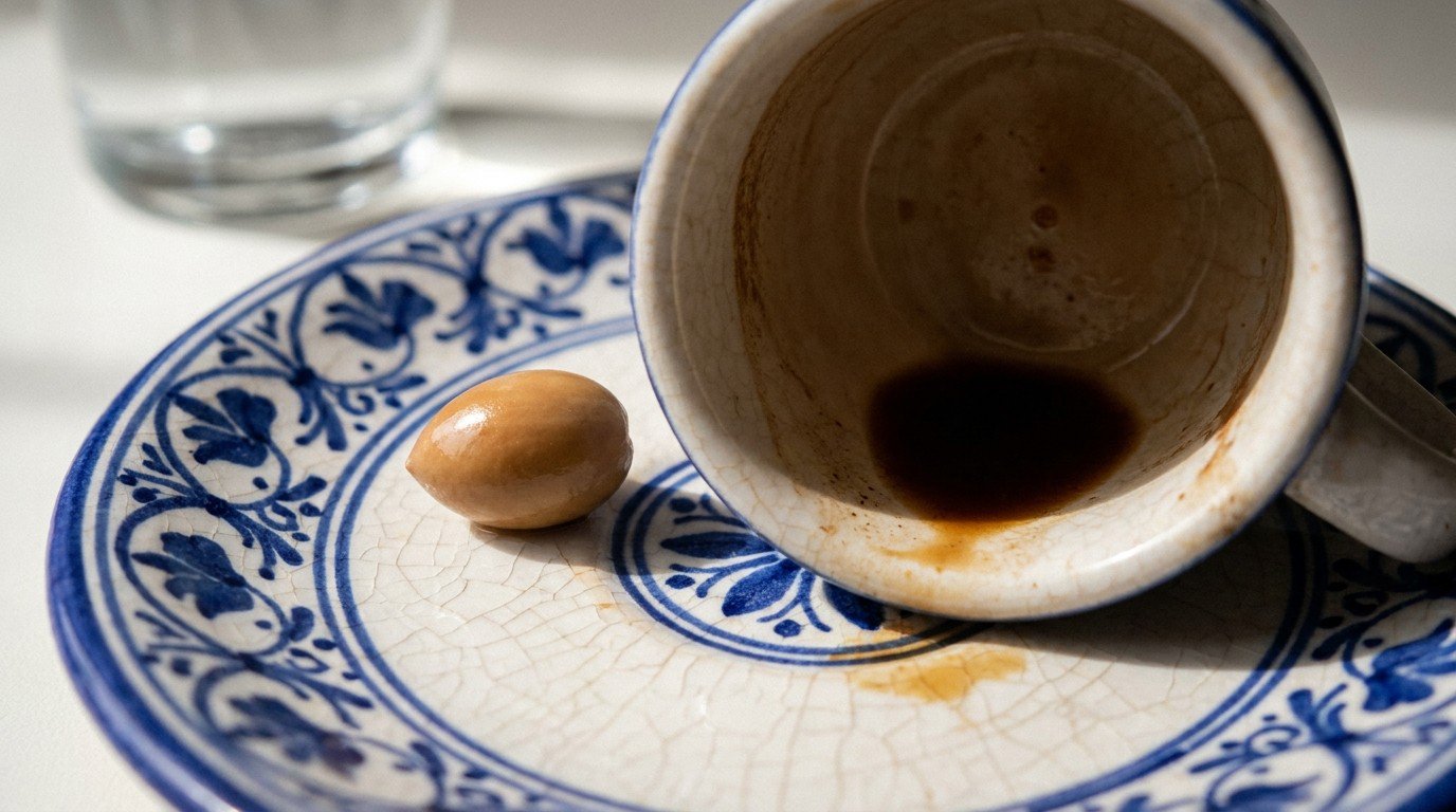 Extreme close-up on a handmade Andalusian ceramic saucer with a small empty coffee cup, a single clean olive pit beside it, soft morning light and shadows.