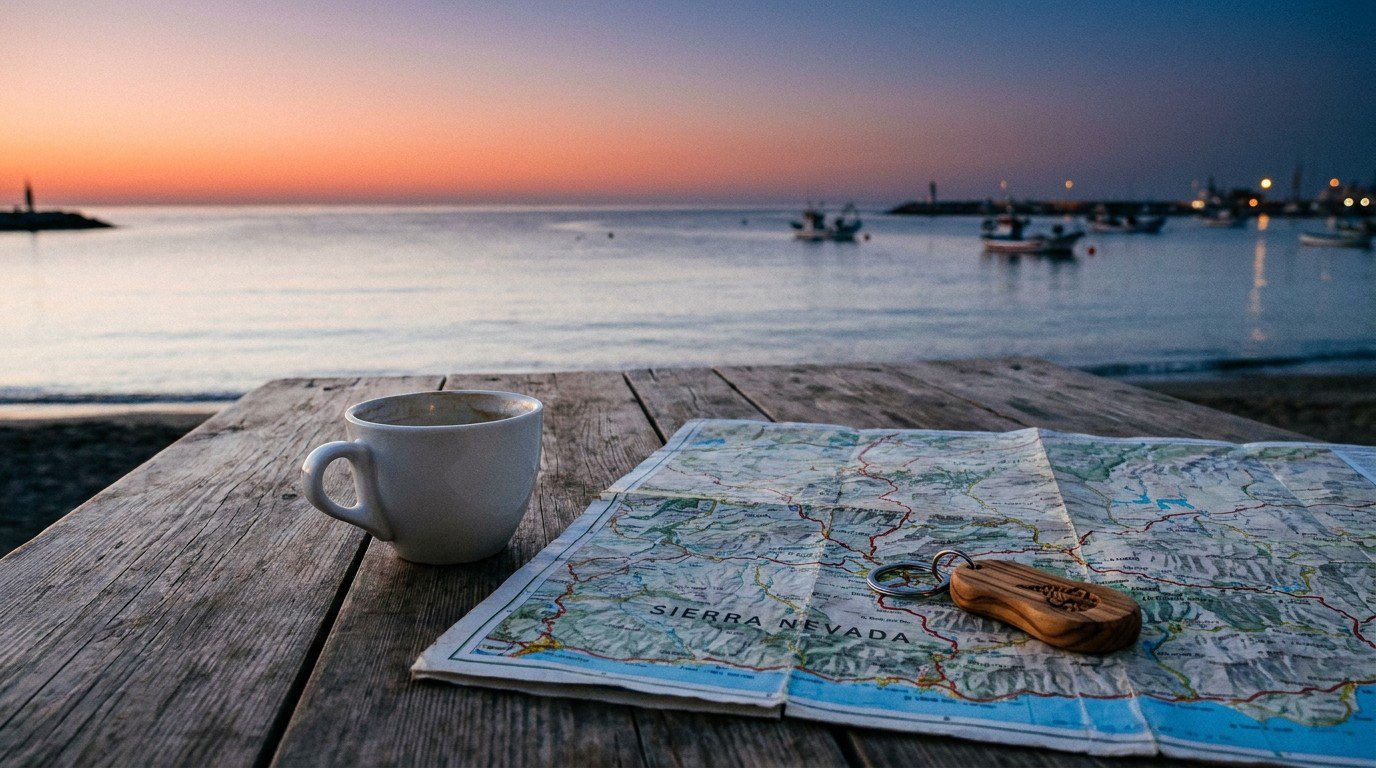 Table at El Caleño at dusk with an empty coffee cup, a worn road map of the Sierra Nevada unfolded, and a small olive-wood keychain resting on the map.
