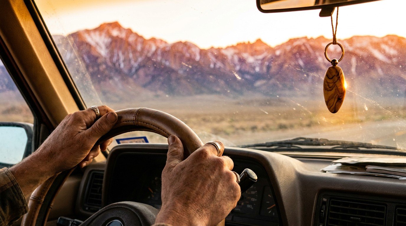 A woman's hands on a steering wheel, the Sierra Nevada mountains visible through the dusty windshield, golden dusk light.