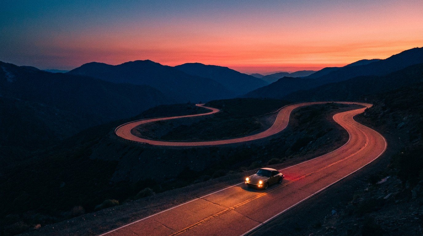 A winding mountain road seen from above, a single car moving through the Sierra Nevada at dusk, the road like a scar healed into a signature.