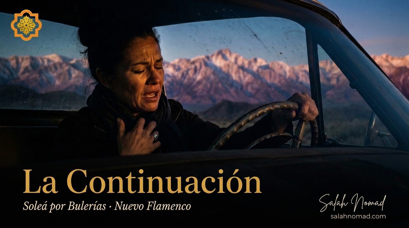 A flamenco cantaora mid-quejío, the Sierra Nevada glowing like vertebrae through a dusty windshield behind her.