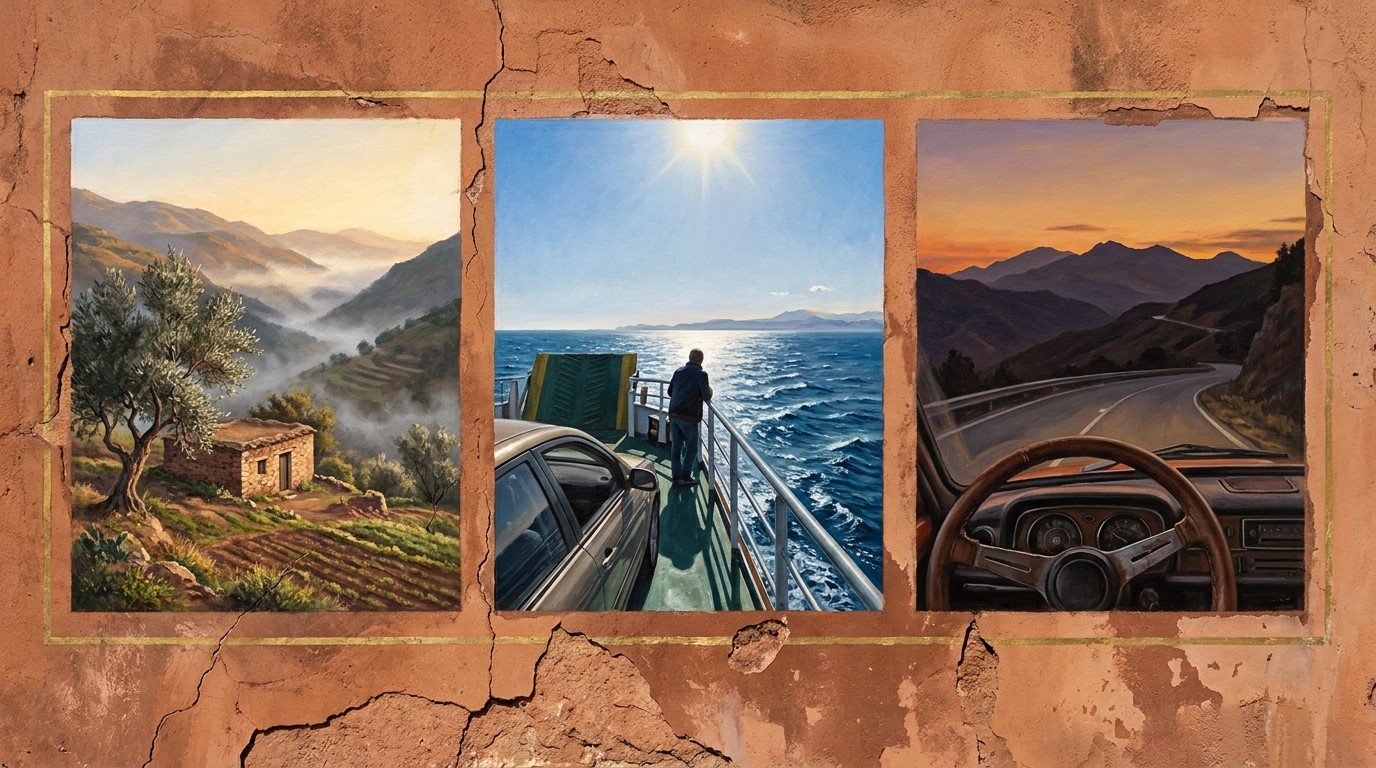 Triptych: a childhood home in the Jbala mountains at dawn, a car crossing the Strait of Gibraltar at noon, and the Sierra Nevada at dusk seen from behind a steering wheel.