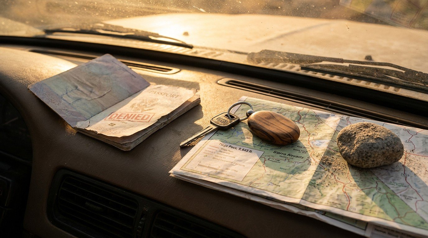 Four objects on a car dashboard: a worn passport with a red stamp, a car key with olive-wood keychain, a folded road map of the Sierra Nevada, and a small stone from a mountain roadside.