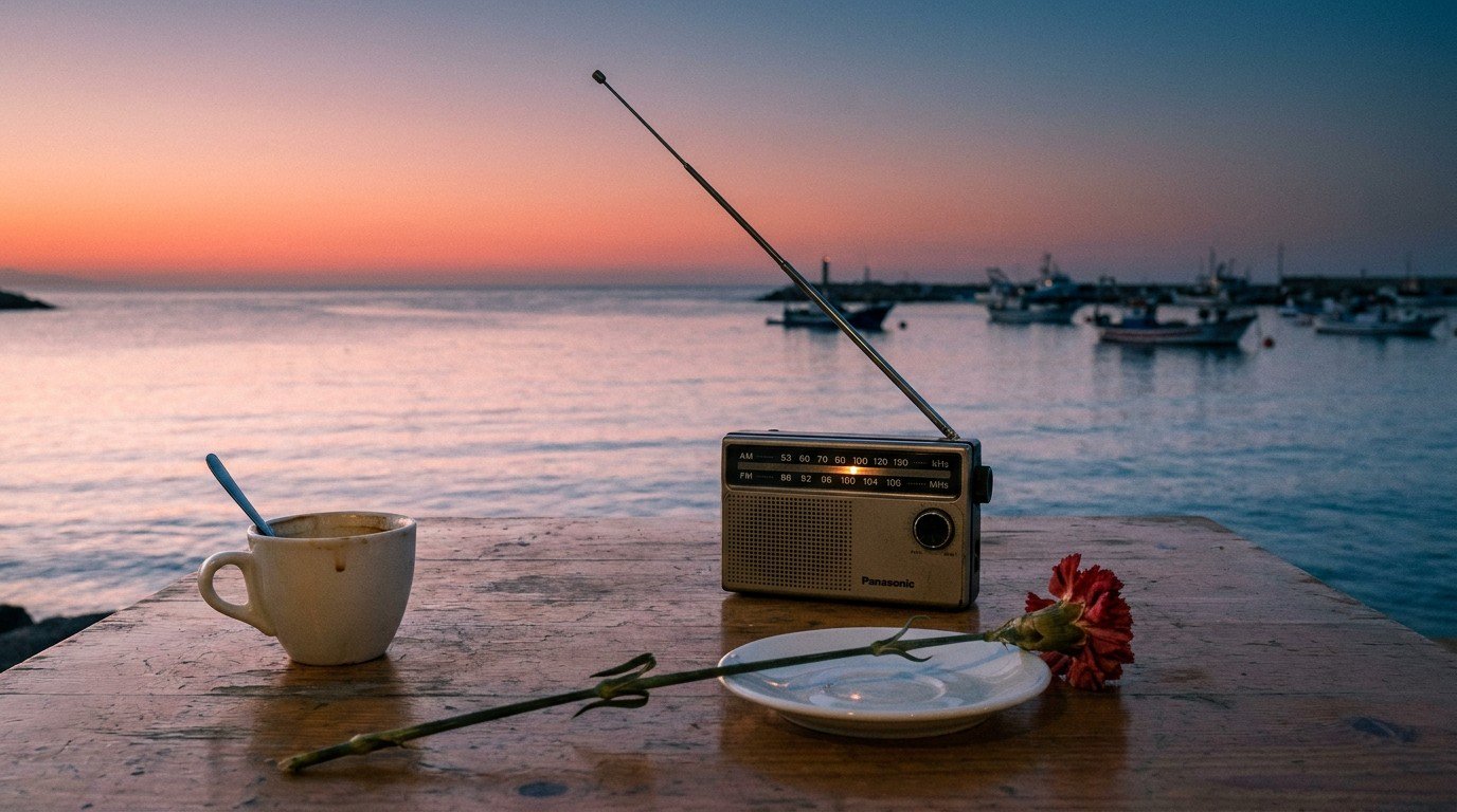 Table at El Caleño at dusk with an empty coffee cup, a Panasonic radio, and a dried red carnation on a saucer.