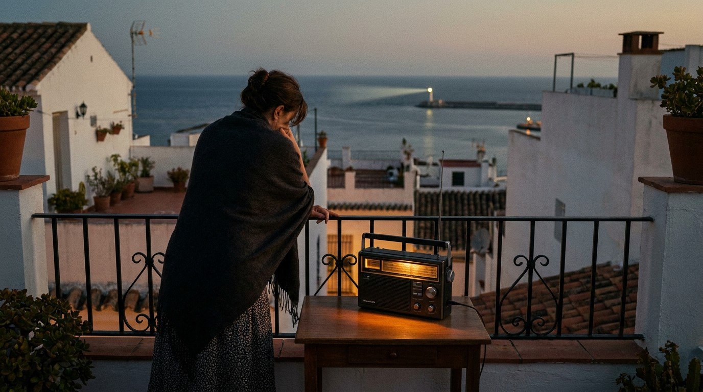 A woman on a rooftop terrace at dusk, facing the Strait of Gibraltar, an old Panasonic radio glowing beside her.