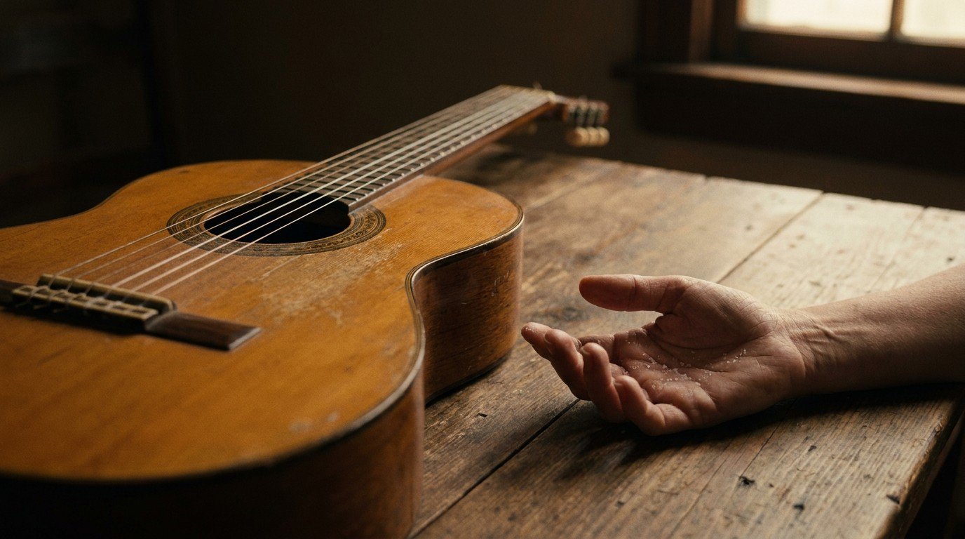 A Spanish guitar on a wooden table, a woman's empty hand beside it, faint salt traces on her skin.