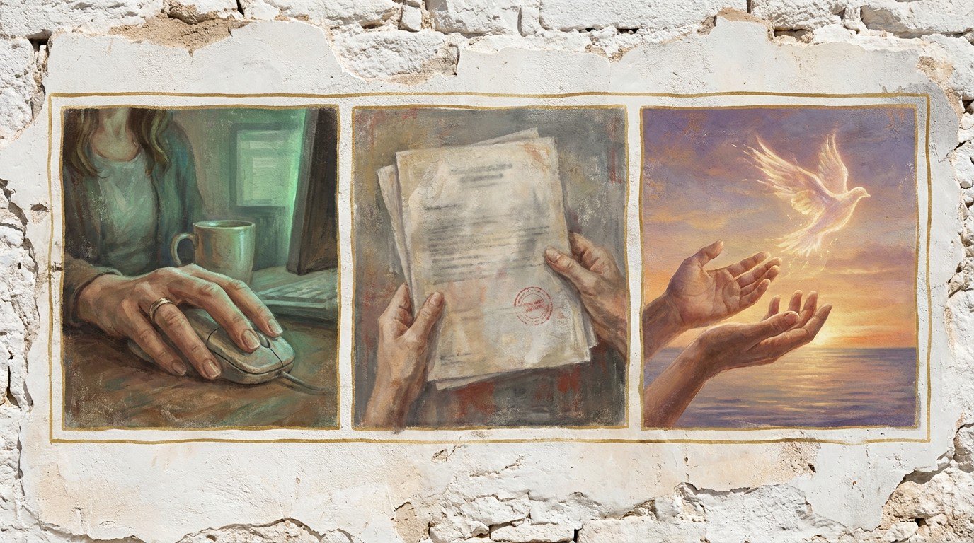 Triptych on a whitewashed wall: a hand on a mouse with green screen glow, hands holding stamped papers, hands releasing a bird of light over the sea.