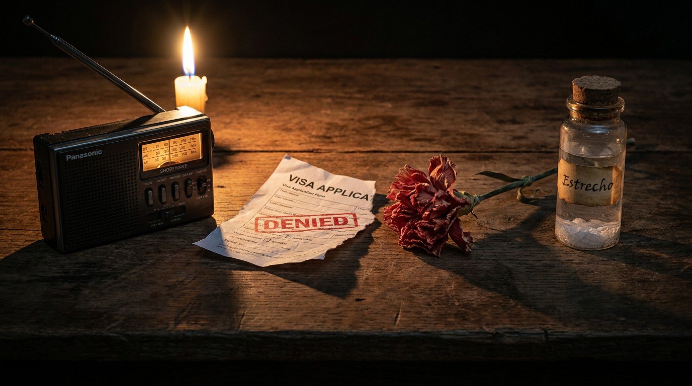 Four objects on a dark table: a Panasonic radio, a torn visa form, a dried carnation, and a glass vial of salt water labeled Estrecho.