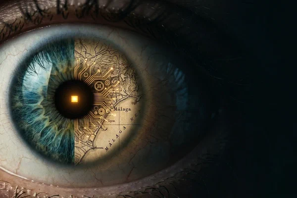 Extreme macro of a human eye looking right, its iris a hybrid of organic tissue and an ancient topographical map of the Málaga coastline, a single glowing amber pixel at the pupil's center, set against dark emptiness.