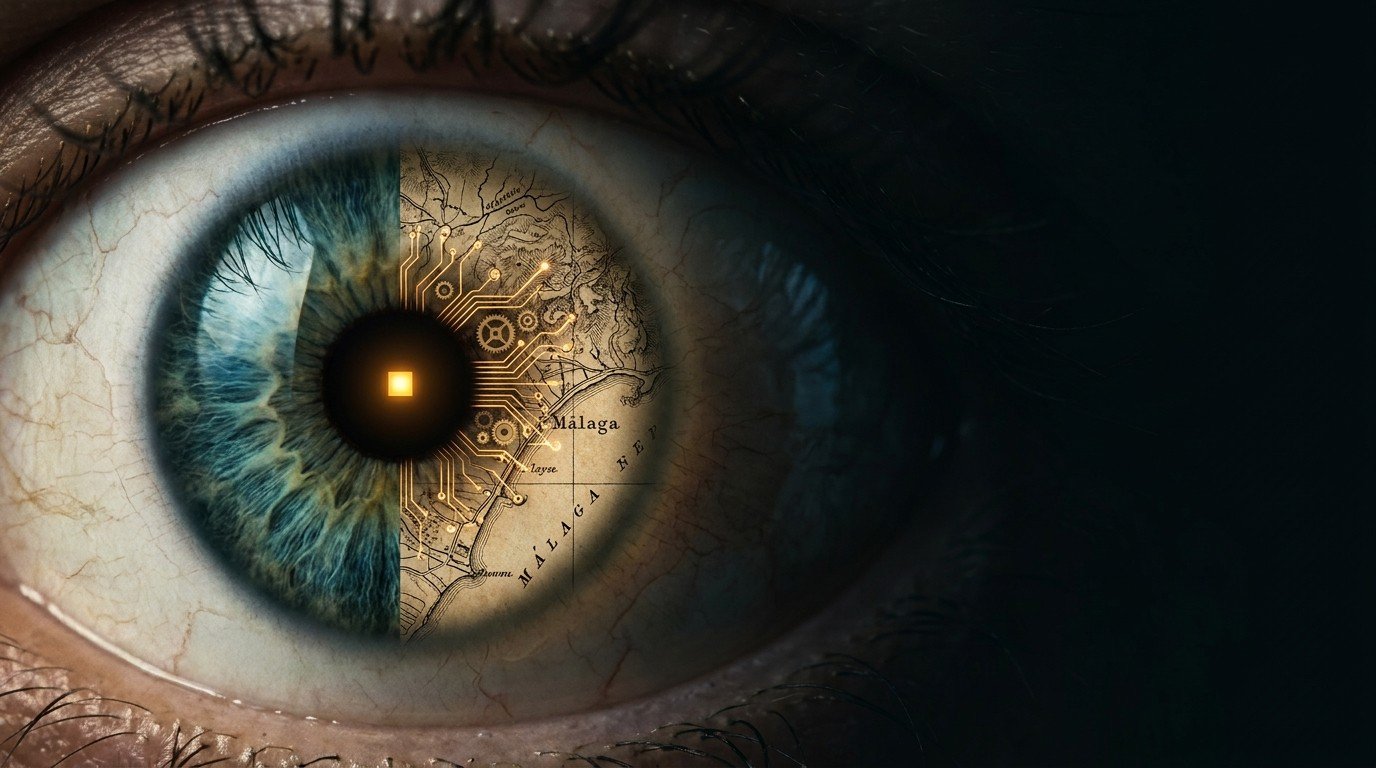 Extreme macro of a human eye looking right, its iris a hybrid of organic tissue and an ancient topographical map of the Málaga coastline, a single glowing amber pixel at the pupil's center, set against dark emptiness.