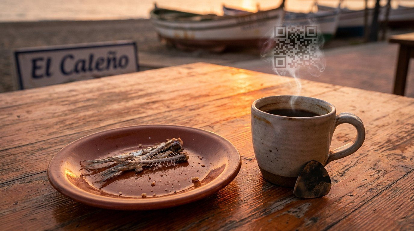 A modern still life at El Caleño, Pedregalejo: an invitation to pause, with an empty plate of sardine bones, artisan coffee, and steam forming an ephemeral QR code next to a worn guitar pick.