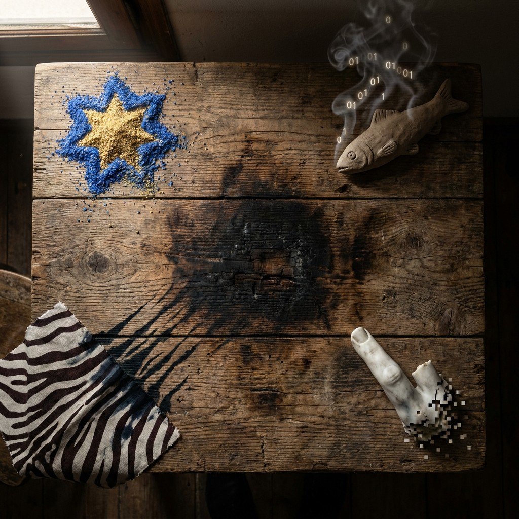 An alchemist's table overhead: four pillars of Rooted Nomadism as transmutation elements – self-organizing zellige powder, a clay sardine exhaling binary code, zebra fabric bleeding ink, and a marble finger dissolving into digital pixels.