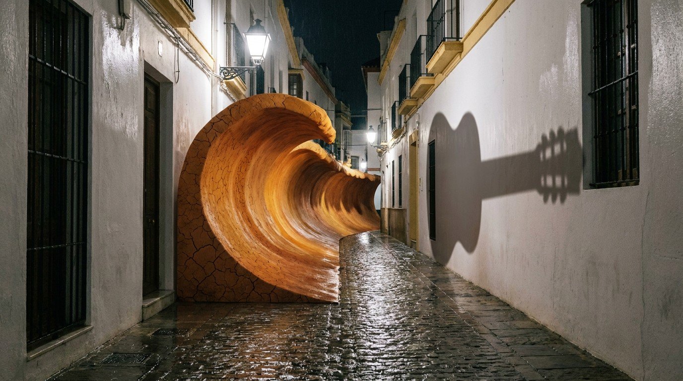 A narrow Málaga alley at night transformed by a solid flamenco soundwave: a wave of amber and terracotta, textured like cracked Andalusian earth, casts a guitar-shaped shadow on the whitewashed walls, making the compás visible.