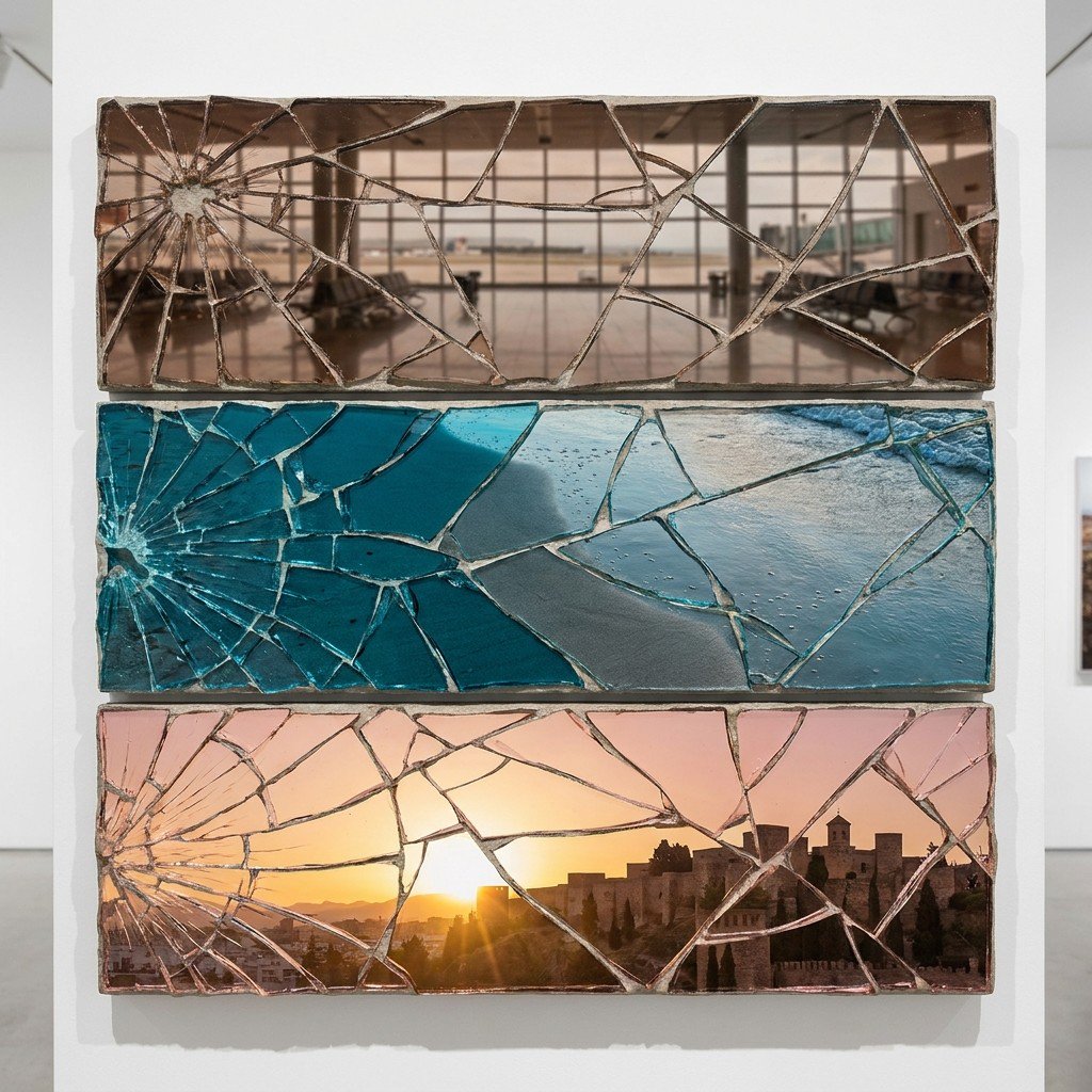 A conceptual triptych of shattered glass representing the three movements of a rooted nomad: departure (passport-brown glass over an empty airport), anchoring (ocean-cyan glass over wet sand), awakening (eyelid-pink glass over a golden Alcazaba sunrise).