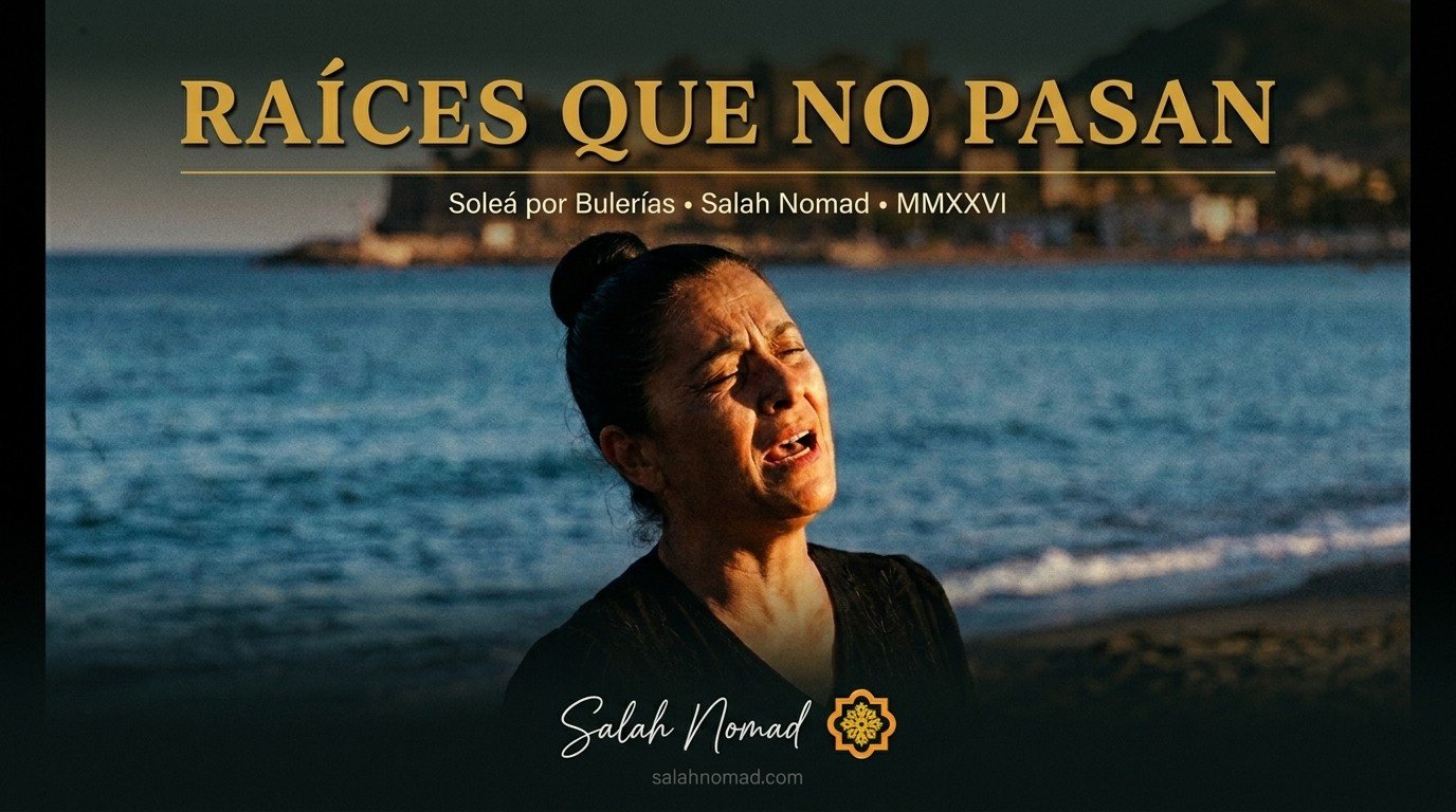 Vintage 1960s cinematic color photograph of a beautiful Andalusian flamenco cantaora mid-quejío, head tilted back, eyes closed, golden hour light, Málaga beach at dusk in background.